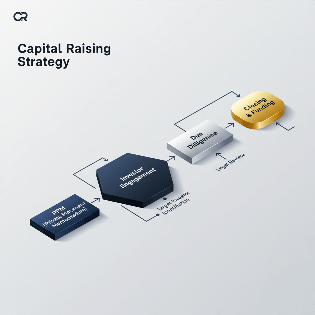 An infographic visualizing a multi-stage capital raising strategy as a sophisticated pipeline or deal-flow chart, with the PPM document positioned as a key foundational milestone leading to subsequent investment stages.