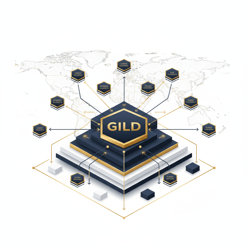 An infographic visualizing the GILD Investment Rainmaker System as an advanced, multi-layered, interconnected network of global deal flow and relationship mapping.