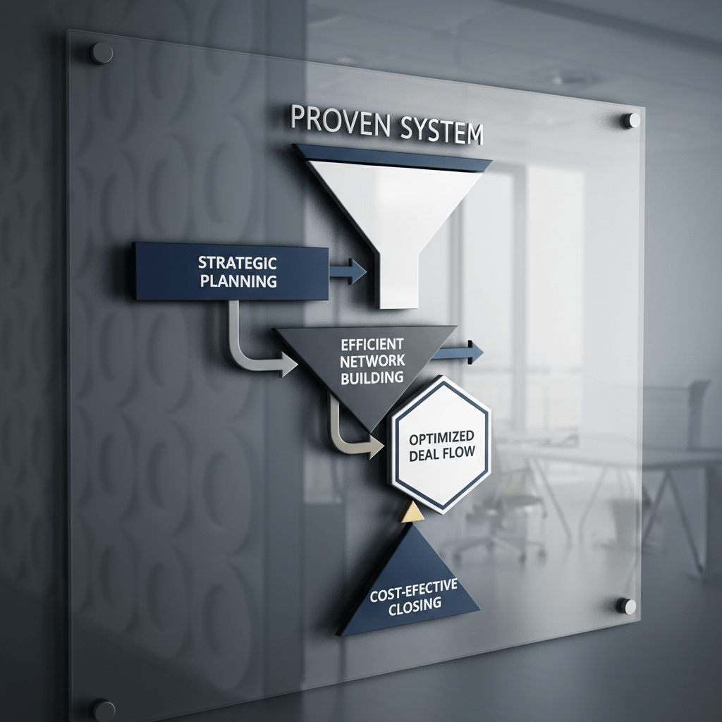 An isometric, multi-stage process diagram illustrating a proven system for reducing capital raising costs, with clear geometric steps and directional flow in deep navy, charcoal, and gold accents.