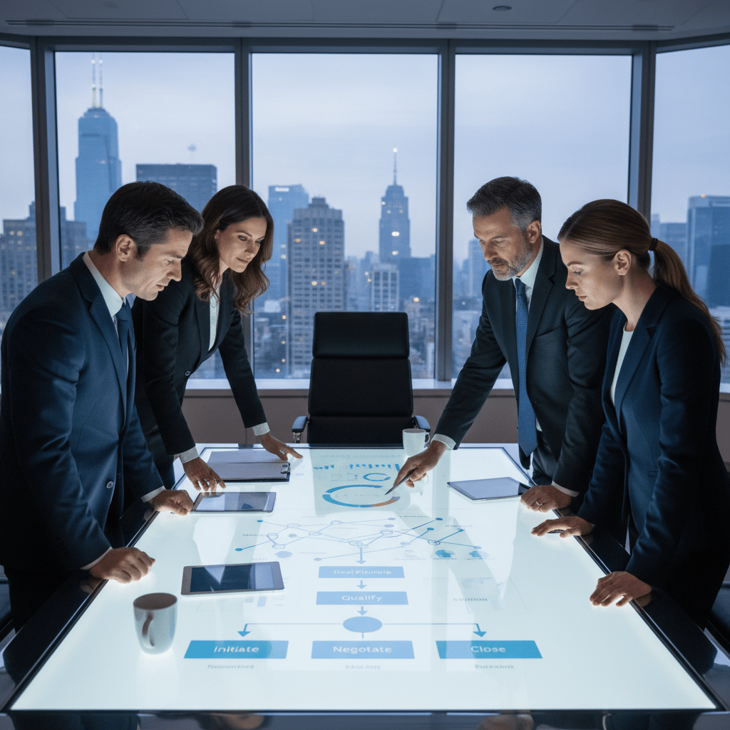 Business executives analyze a strategic deal sourcing diagram on a large digital screen in a modern boardroom.