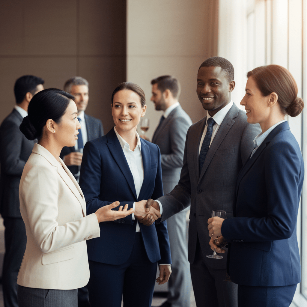 Business executives networking and shaking hands, establishing new professional relationships at a sophisticated corporate event.