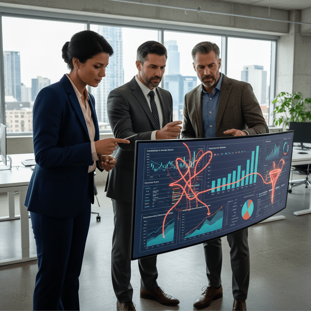 Business professionals analyzing fundraising data, with graphics suggesting hidden challenges and limitations.