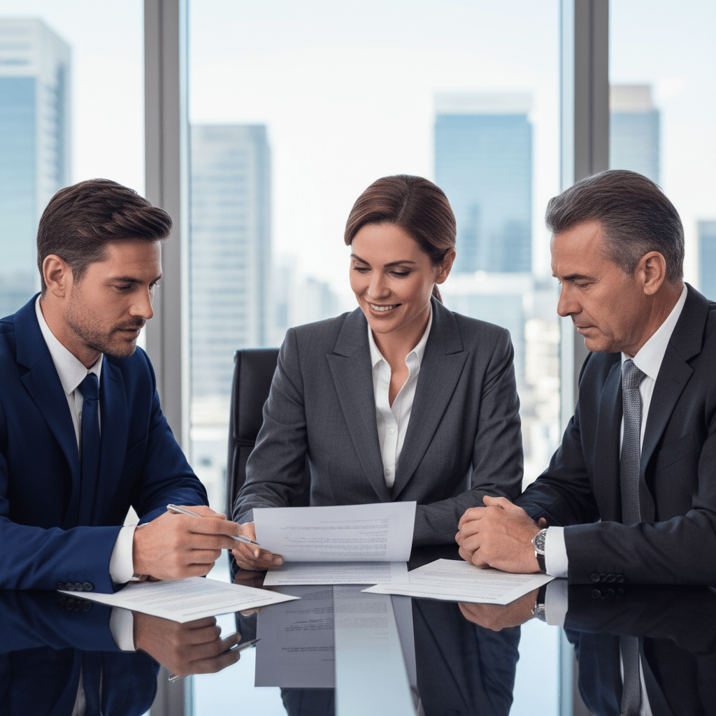 Business professionals in a modern boardroom reviewing documents, symbolizing strategic financial acquisition and successful deal-making.