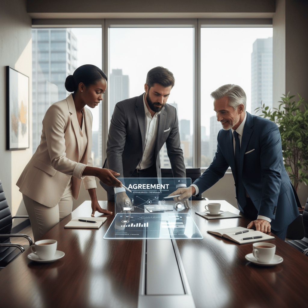 Diverse business professionals reviewing a digital financial agreement on a tablet in a modern office, symbolizing a modern and efficient SAFE equity raise.