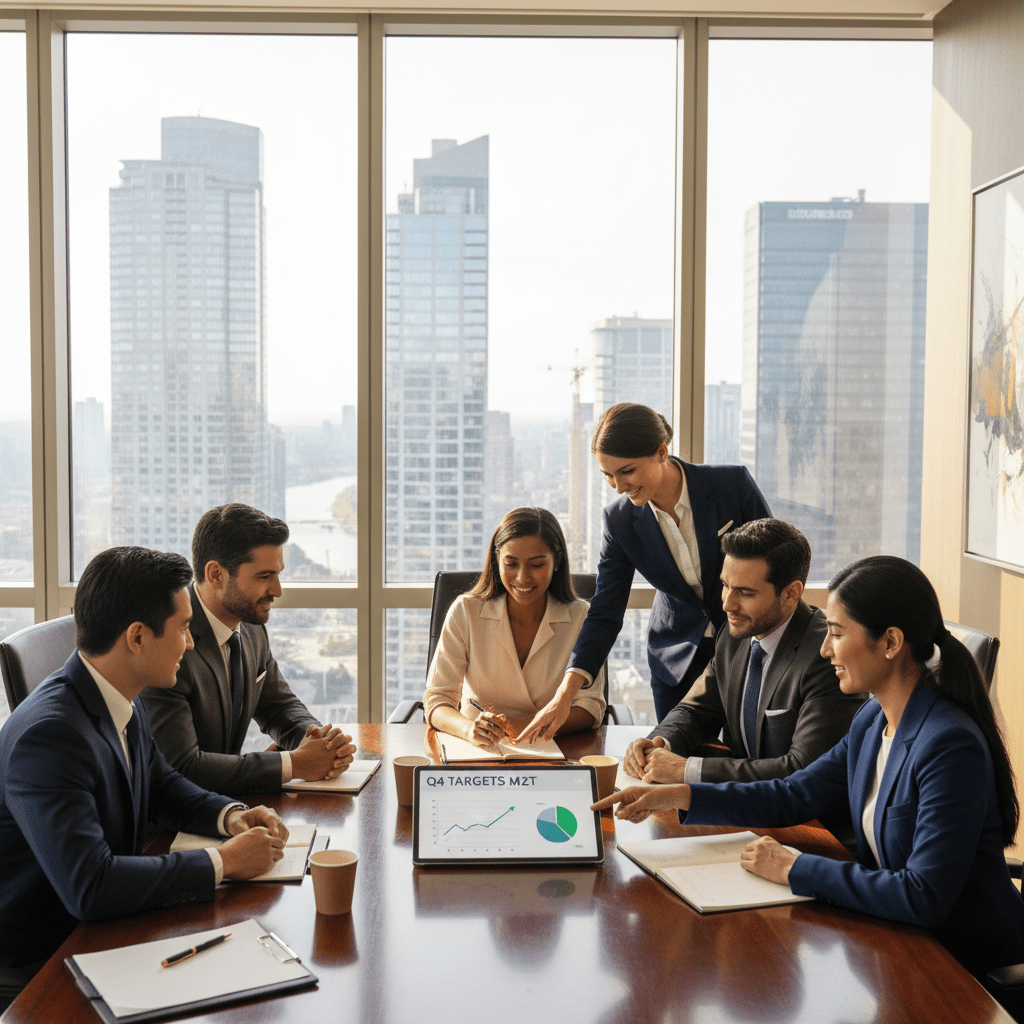 Diverse business professionals successfully concluding a high-value deal in a modern executive boardroom.