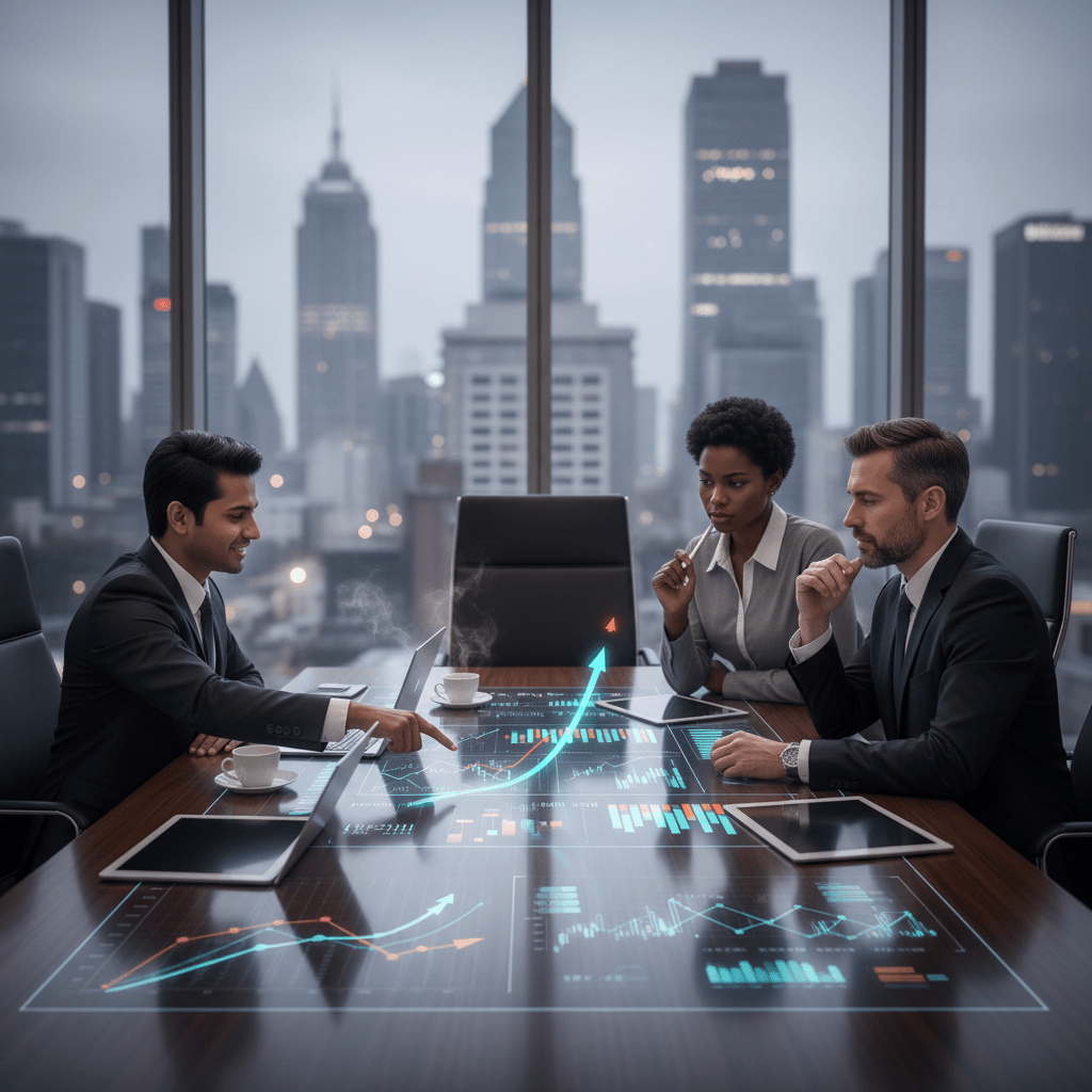 Diverse high-level executives analyzing venture capital firm activity and market trends in a sophisticated corporate boardroom.