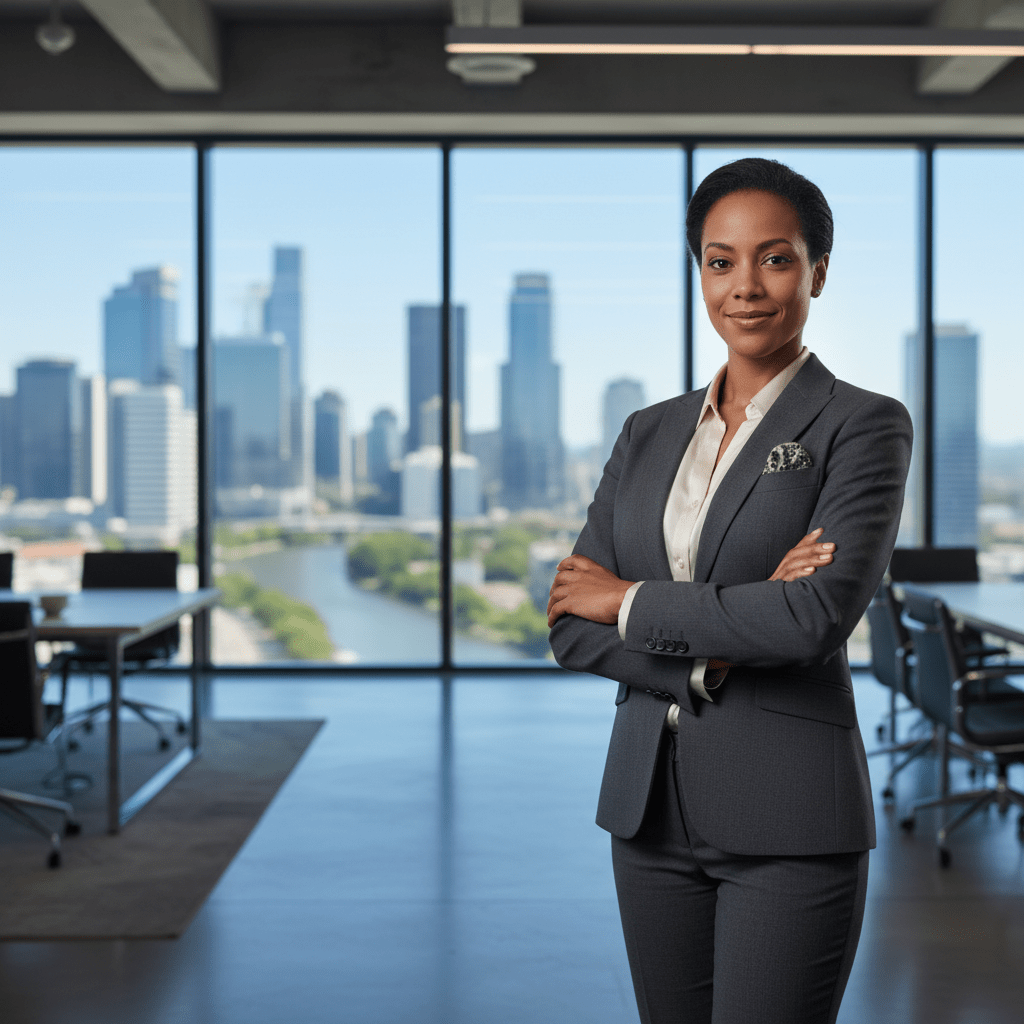 Executive portrait of a confident founder in a sophisticated corporate office, representing strategic fundraising.