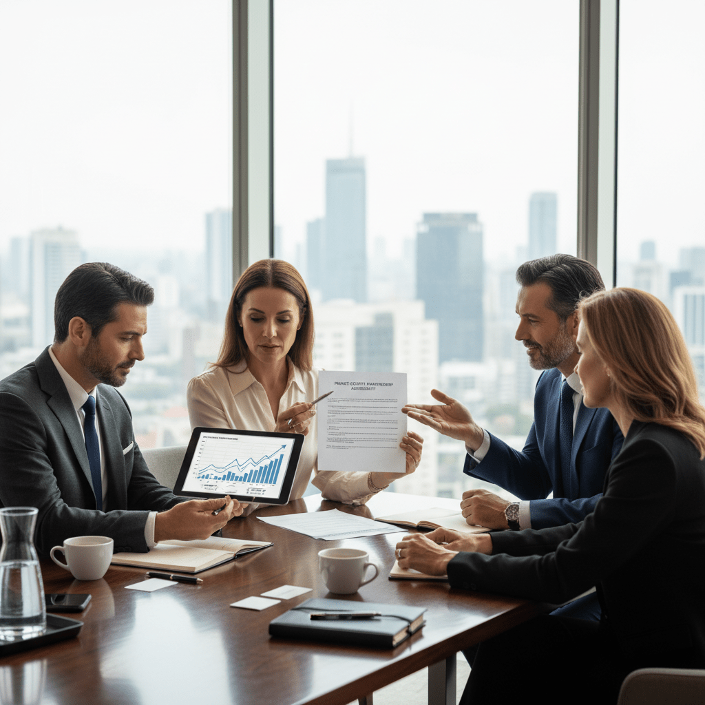Four diverse, professionally dressed investors and entrepreneurs discuss various sources of private capital in a sophisticated executive setting.