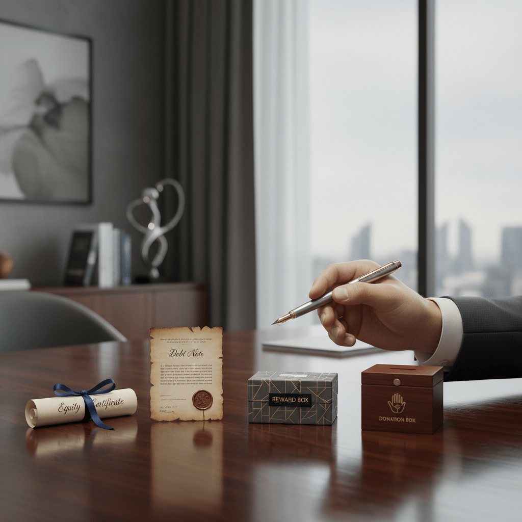 Four symbolic objects representing types of crowdfunding (equity, debt, rewards, donation) arranged on a desk, with a hand pointing to them.