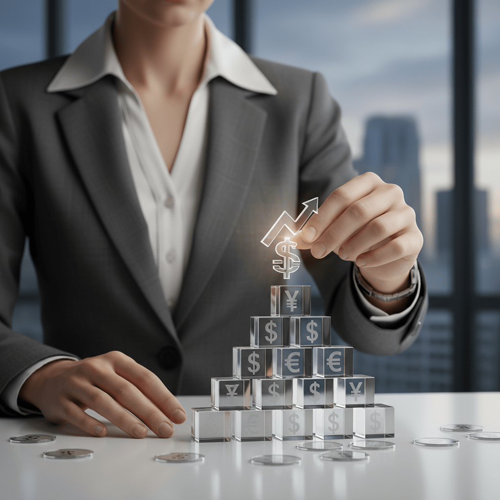 Hands strategically placing a glowing financial symbol onto a stack of investment blocks, representing equity capital growth.