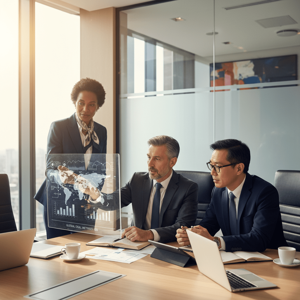 High-level investment professionals collaborating on advanced deal sourcing strategies in a modern executive setting.