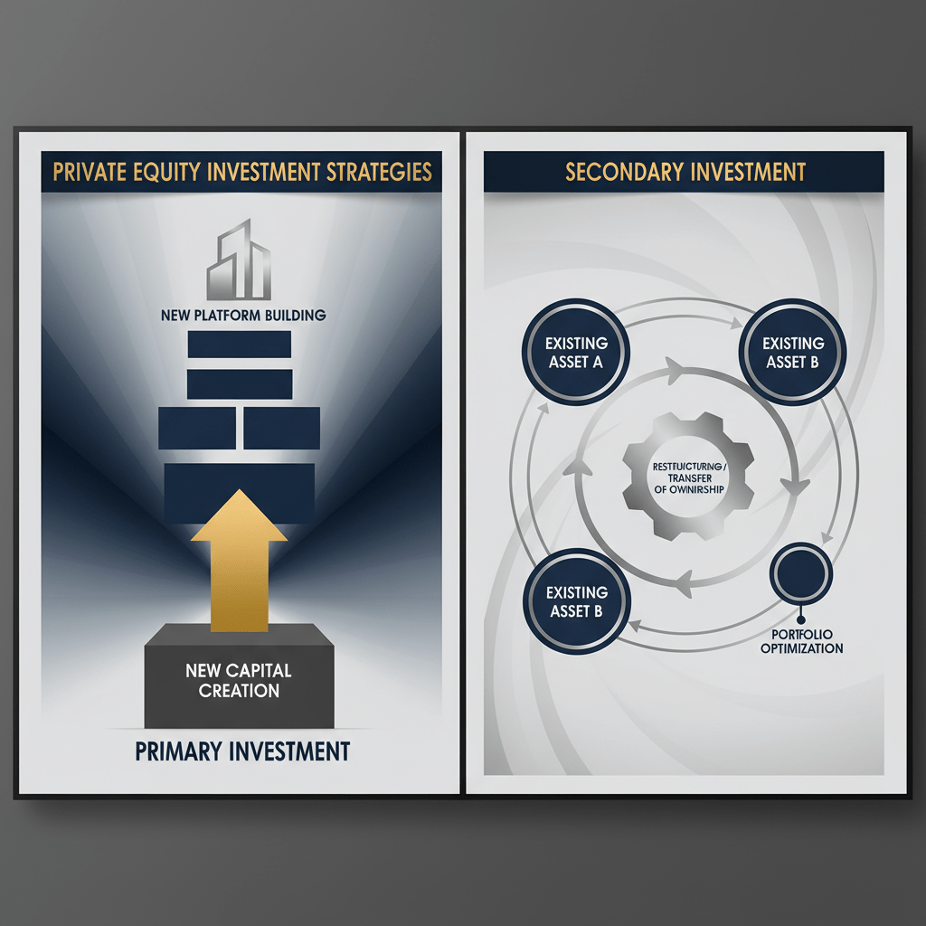 Infographic comparing primary and secondary private equity investments, showing new capital creation versus asset transfer using abstract geometric shapes and a split design.