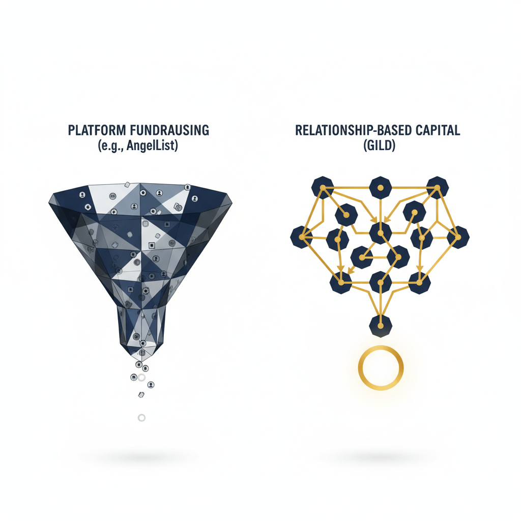 Infographic comparing two capital raising strategies: a broad, less structured funnel for platform fundraising versus a highly interconnected, structured network for relationship-based capital.