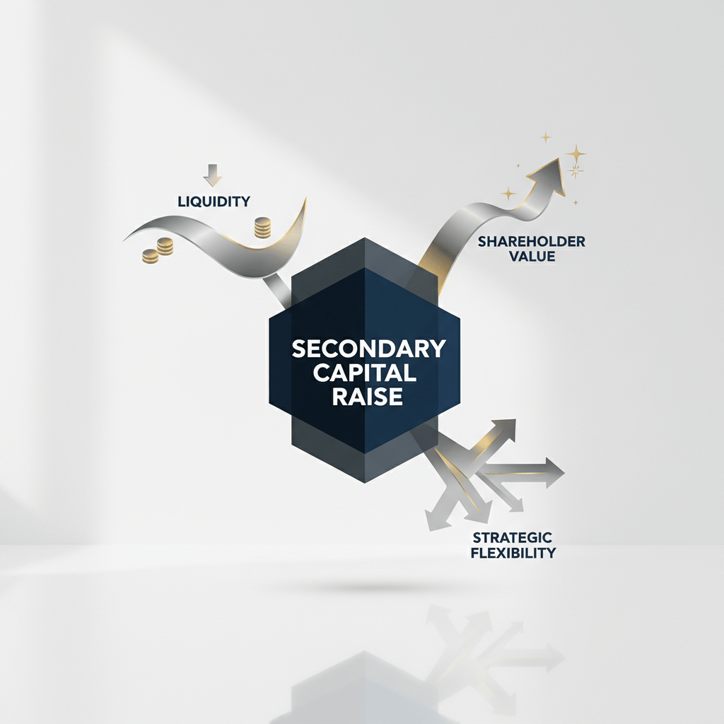 Infographic conceptually defining a secondary capital raise, showing a central geometric structure with radiating elements representing liquidity, shareholder value, and strategic flexibility.