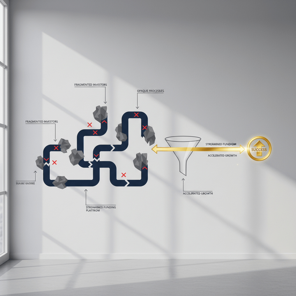 Infographic contrasting a broken, convoluted pipeline representing traditional capital raising failures with a clear, streamlined path to success.