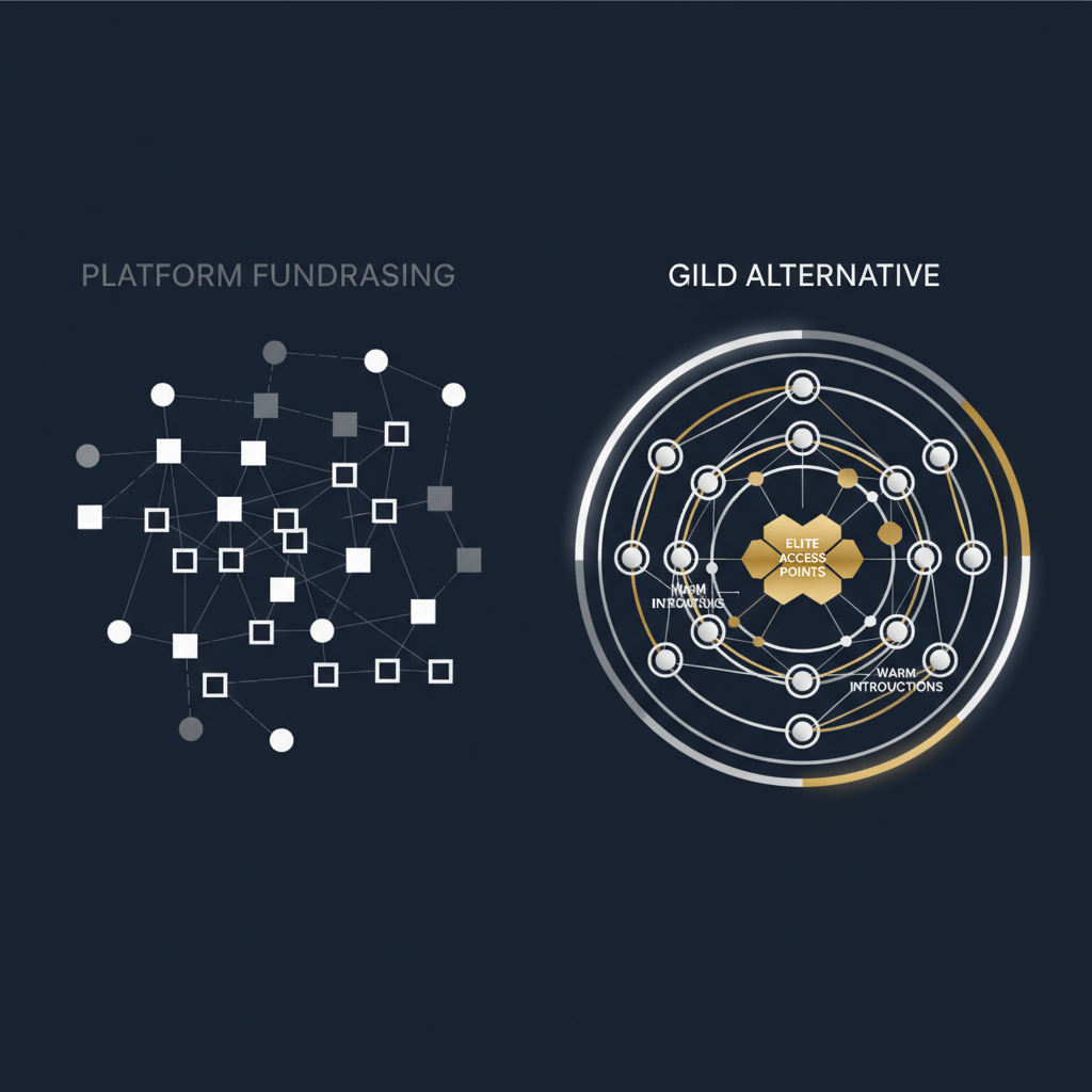 Infographic contrasting two fundraising approaches: a scattered, disconnected network for generic platform fundraising versus a highly organized, interconnected, and exclusive network representing the GILD alternative.