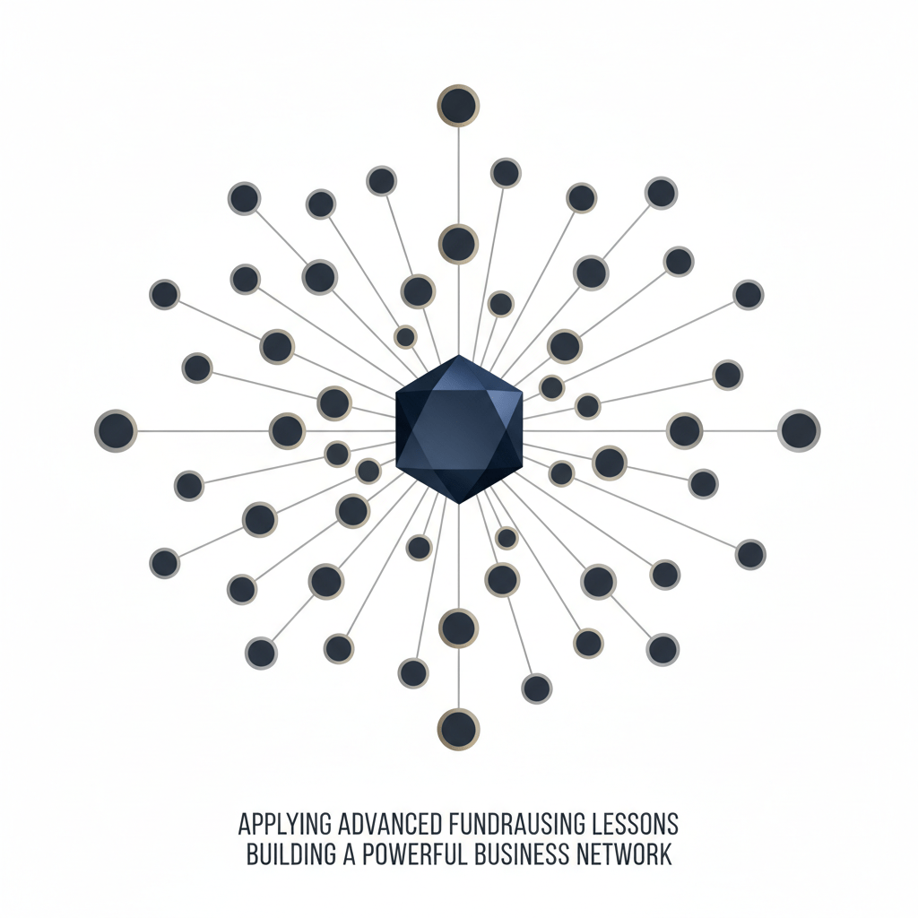 Infographic depicting a central business node expanding and connecting to form a sophisticated investor network, symbolizing the application of capital raising lessons.