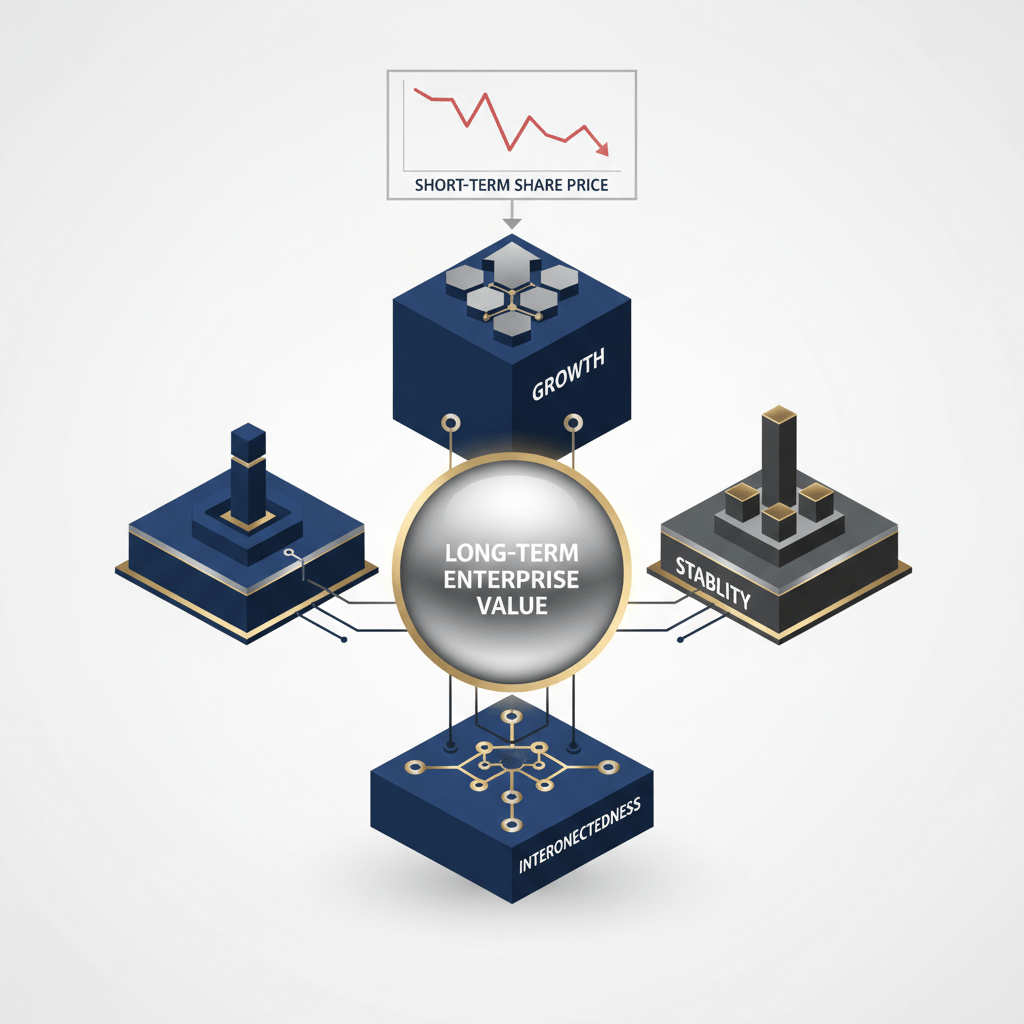 Infographic depicting a central concept of 'Long-Term Enterprise Value' with multiple interconnected, radiating geometric shapes representing various contributing factors, against a deep navy, white, and charcoal background with metallic accents.