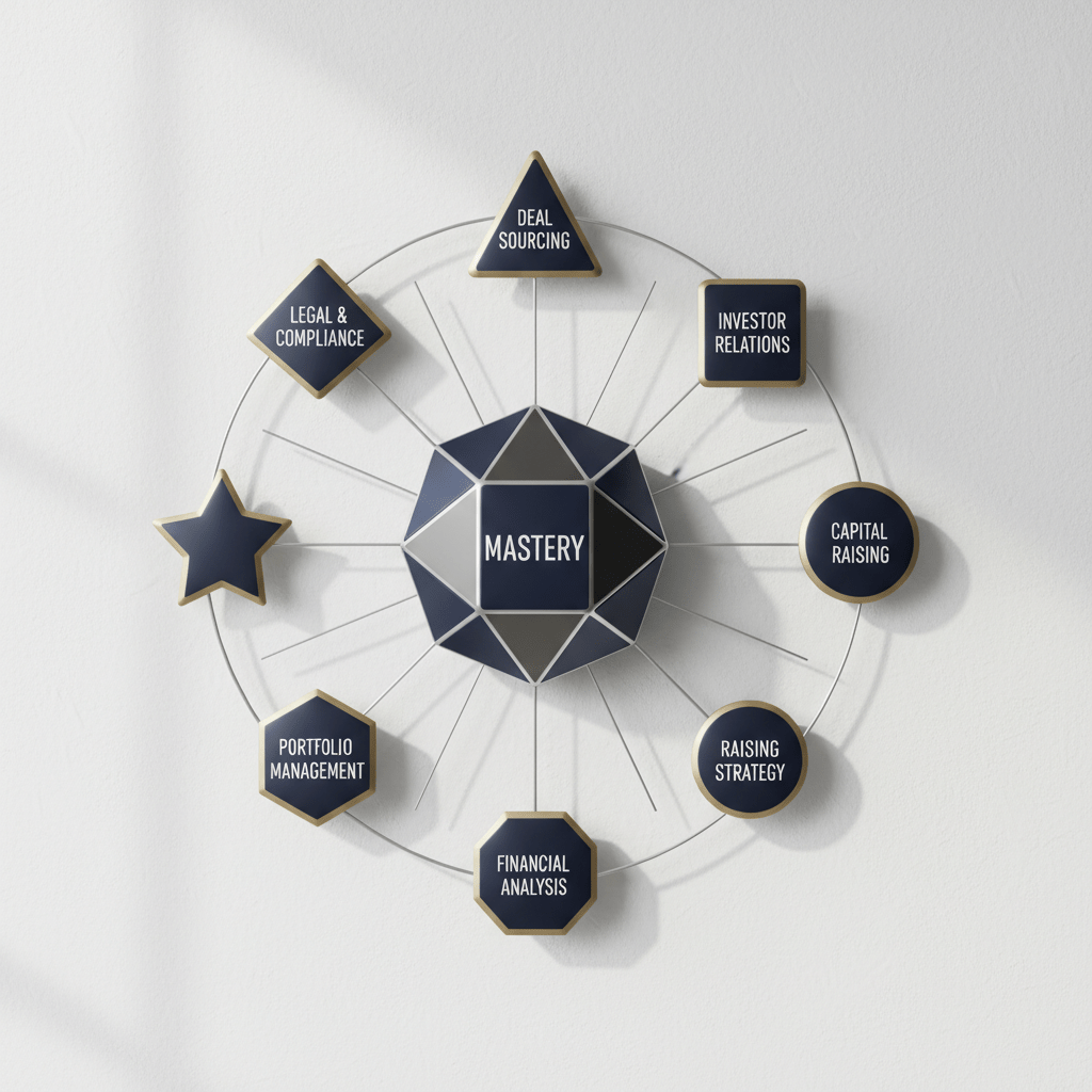 Infographic depicting a central 'Mastery' node connected to various geometric nodes representing key skills like Deal Sourcing and Investor Relations, illustrating mastered skills from the course.