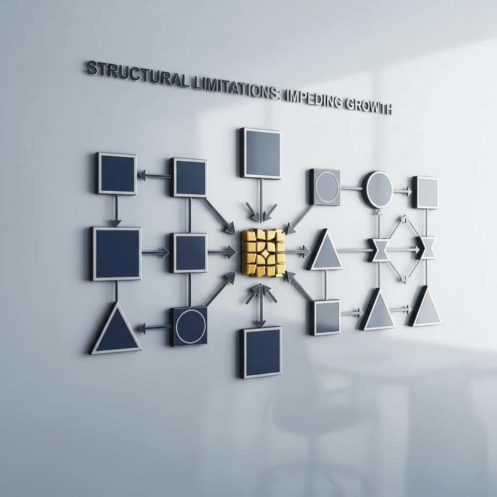 Infographic depicting a conceptual business structure with a pronounced bottleneck or barrier, indicating how the current organizational setup can restrict growth and expansion.