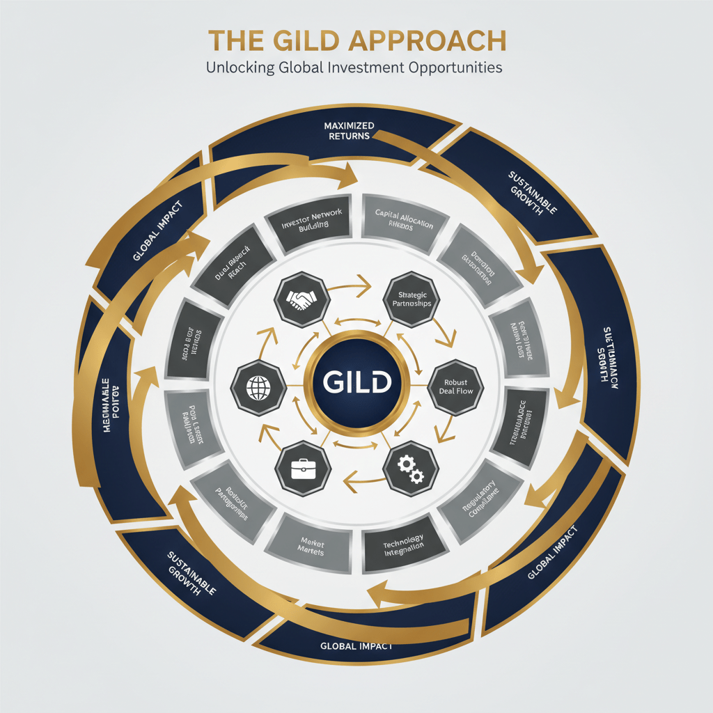 Infographic depicting a multi-layered, interconnected system with a central core expanding into structured tiers of nodes and dynamic directional flow lines, representing the comprehensive GILD approach to capital raising and investor network building with global reach.