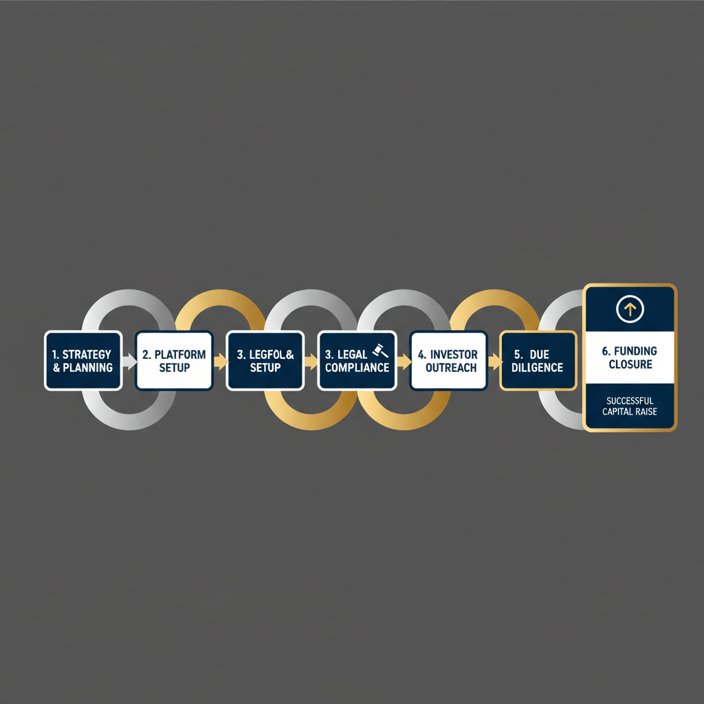 Infographic displaying the sequential steps for launching a successful self-hosted capital raise, using connected geometric nodes and directional flow.