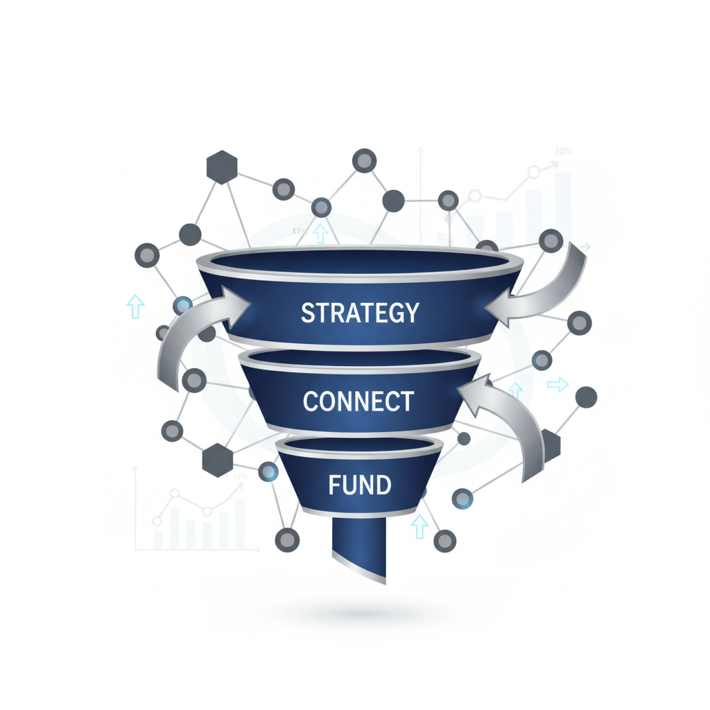 Infographic header for an article on self-hosted capital raising, featuring a strategic deal funnel intertwined with an interconnected investor network graph, emphasizing growth and control over the investor pipeline.