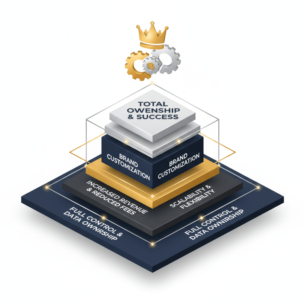 Infographic illustrating the core benefits of a self-hosted fundraising strategy through stacked, abstract geometric layers, building towards a central success icon.