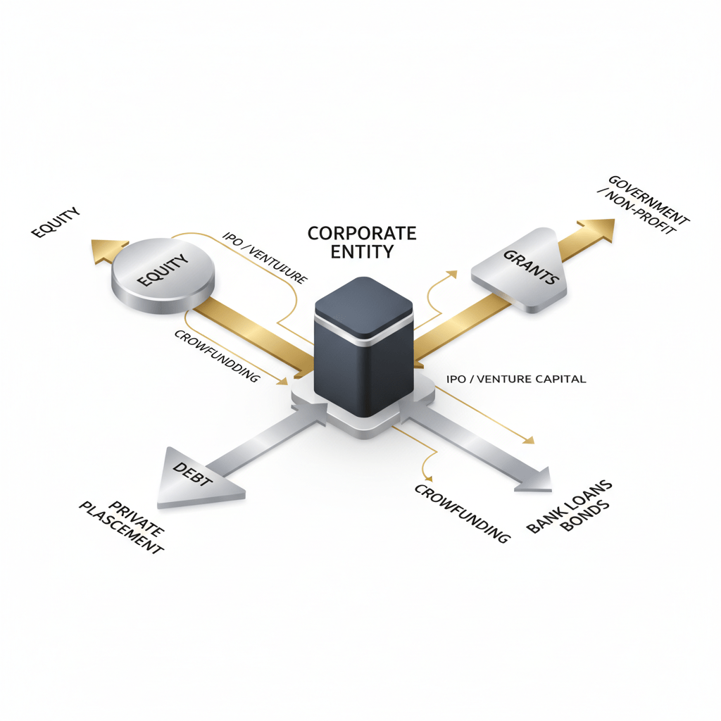 Infographic illustrating various capital raising pathways, such as equity and debt, flowing into a central corporate entity.