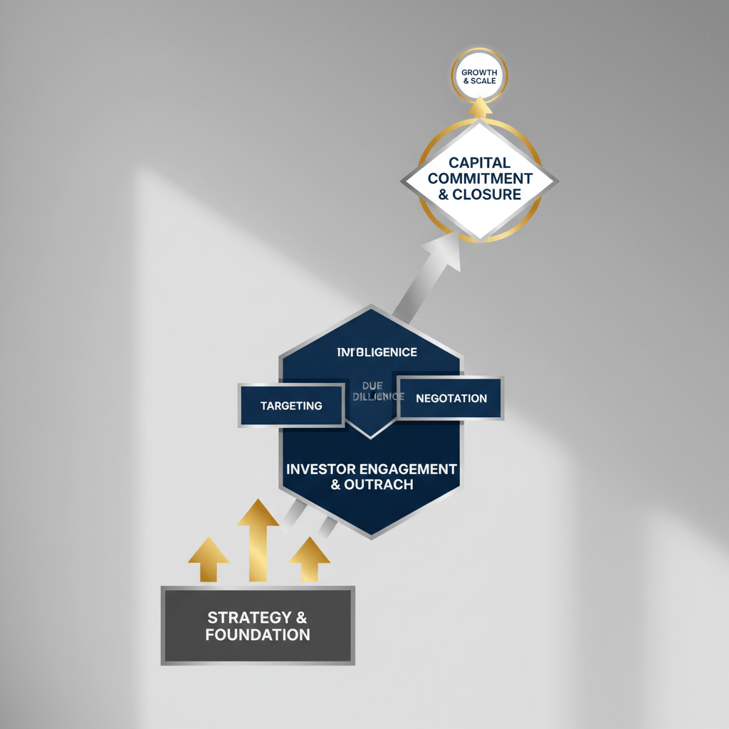 Infographic of a structured, multi-layered system with interconnected geometric shapes, representing a proven capital raising framework.