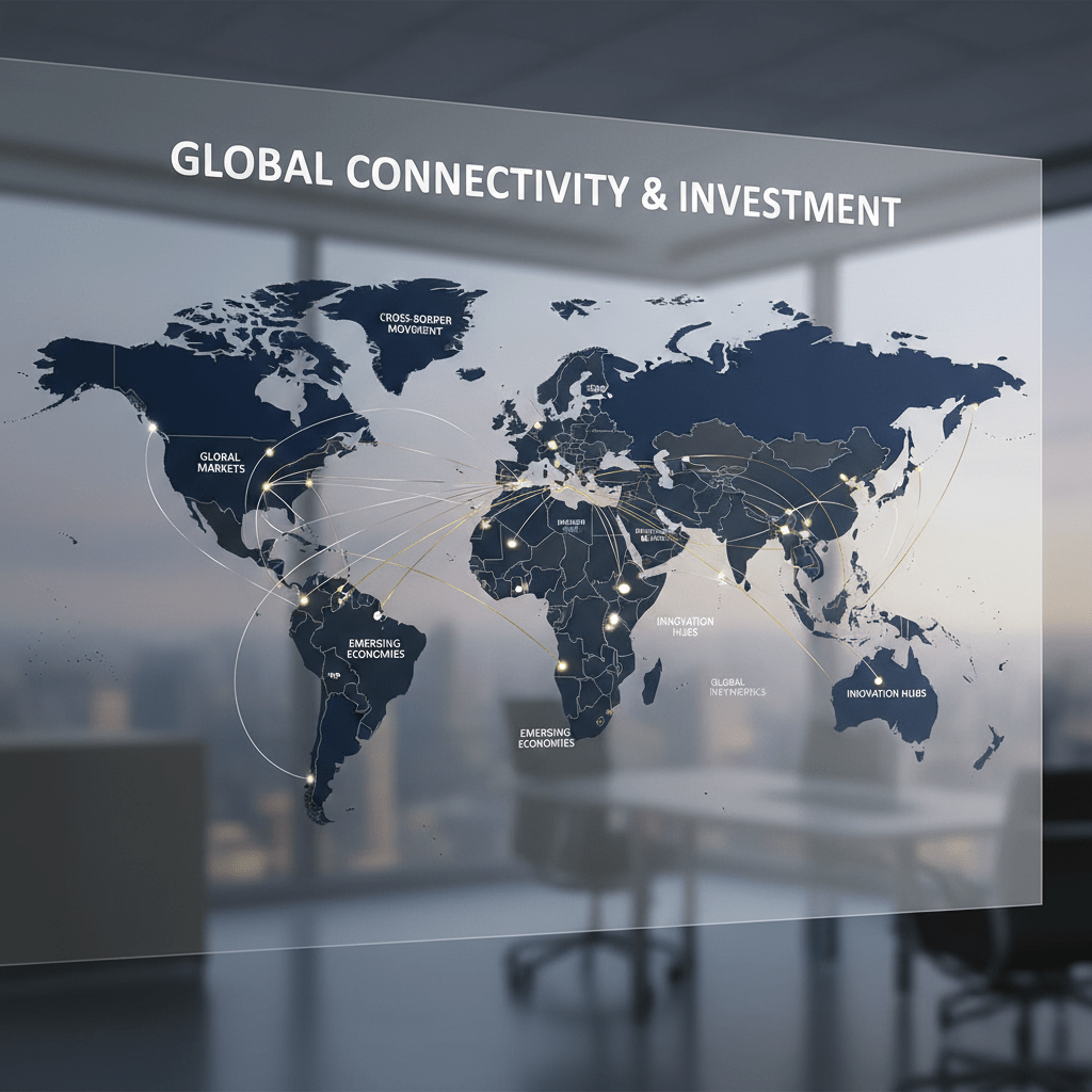 Infographic of a stylized global map with interconnected nodes and directional flow lines, symbolizing global capital raising strategies and cross-border investment.