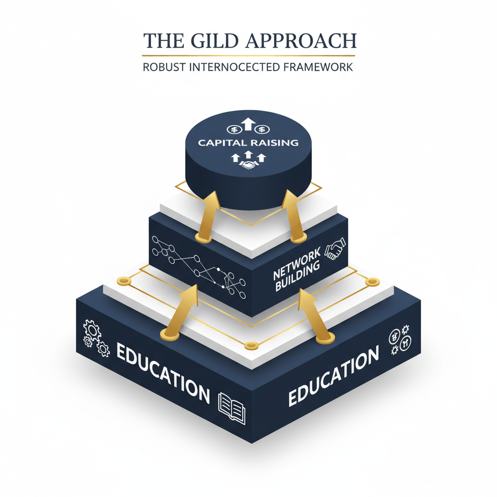 Infographic presenting a robust, layered, and interconnected framework with clear progression, illustrating the comprehensive GILD Approach to investment education.