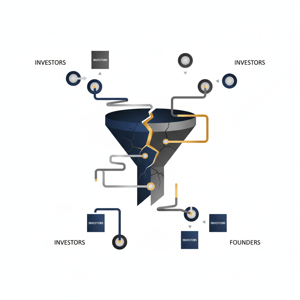 Infographic showing a broken, disconnected fundraising pipeline with isolated investor and founder nodes, symbolizing traditional course failures.