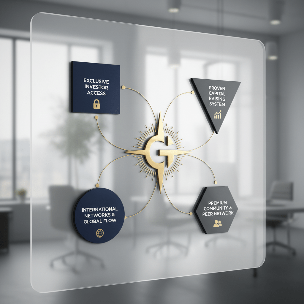 Infographic showing a central GILD emblem with four surrounding modules highlighting its unique advantages: Exclusive Investor Access, Proven Capital Raising System, International Networks, and Premium Community.