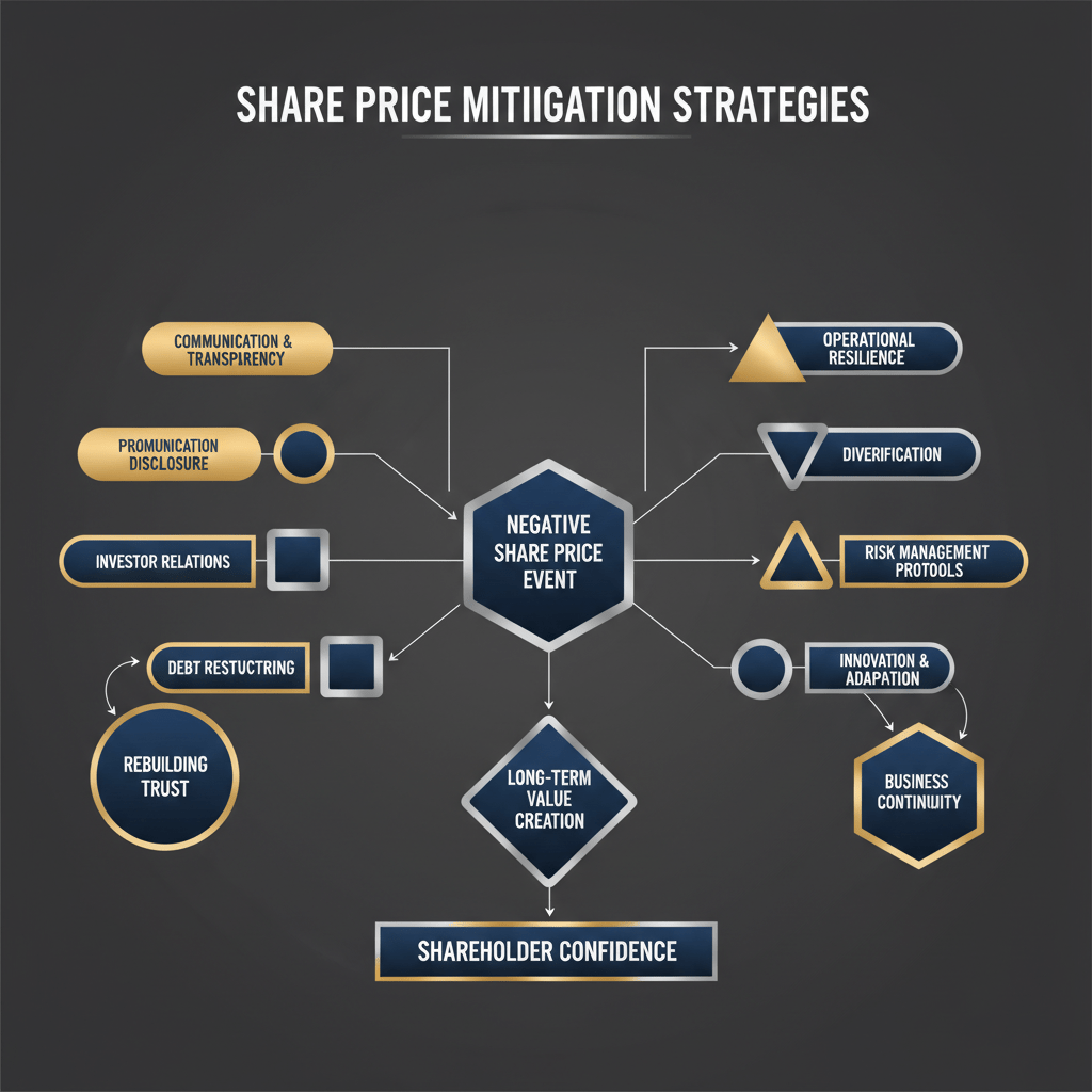 Infographic showing a multi-layered framework or interconnected node network, representing various strategic components and processes to mitigate negative share price impact, using geometric shapes and a deep navy, white, and charcoal color scheme.