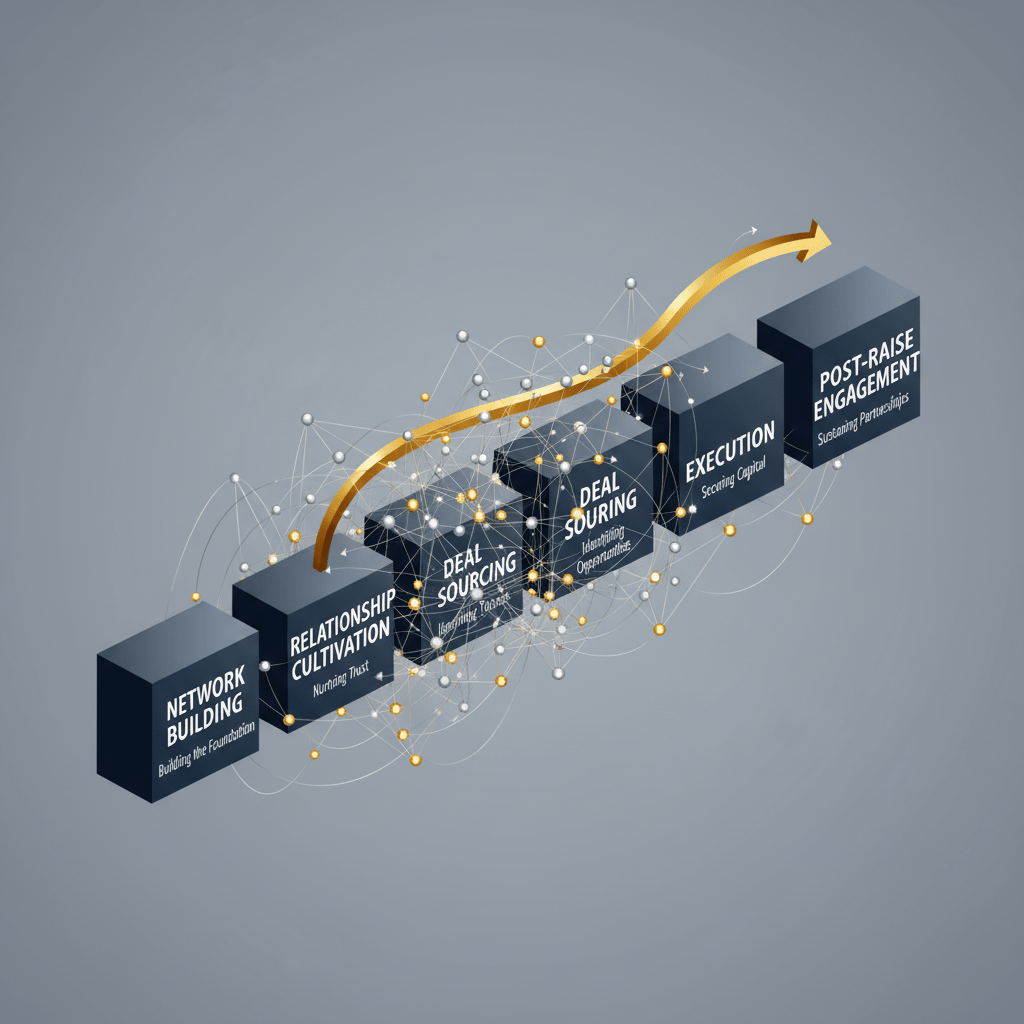 Infographic showing a multi-stage process for successful secondary fundraising, with interconnected geometric shapes representing network building, cultivation, sourcing, execution, and engagement.