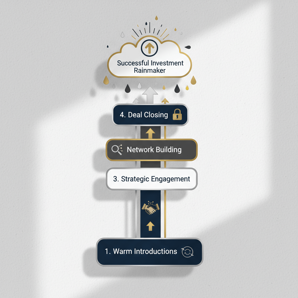 Infographic showing a multi-step, upward-moving pipeline illustrating the GILD methodology for effective capital raising, emphasizing network building and warm introductions leading to successful deals.