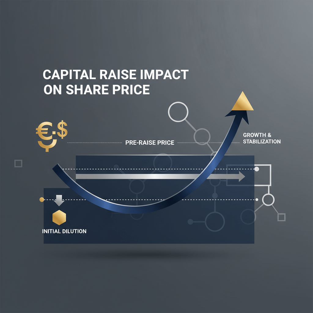 Infographic showing a stylized line graph depicting the typical initial dip and subsequent stabilization or recovery of share price after a capital raise, using geometric shapes and a deep navy, white, and charcoal color scheme.