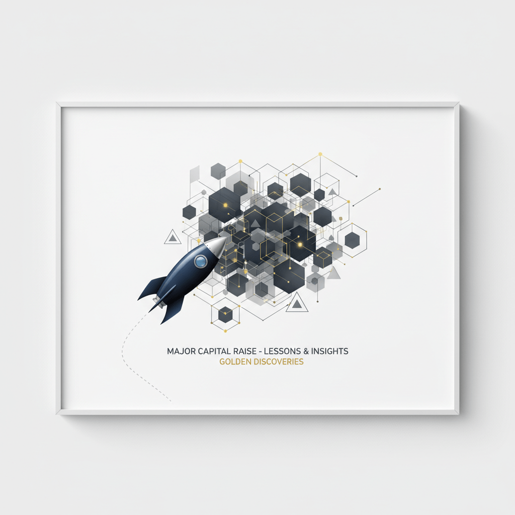 Infographic showing a stylized rocket ascending towards a sophisticated, multi-layered investor network, symbolizing key lessons from the SpaceX capital raise.