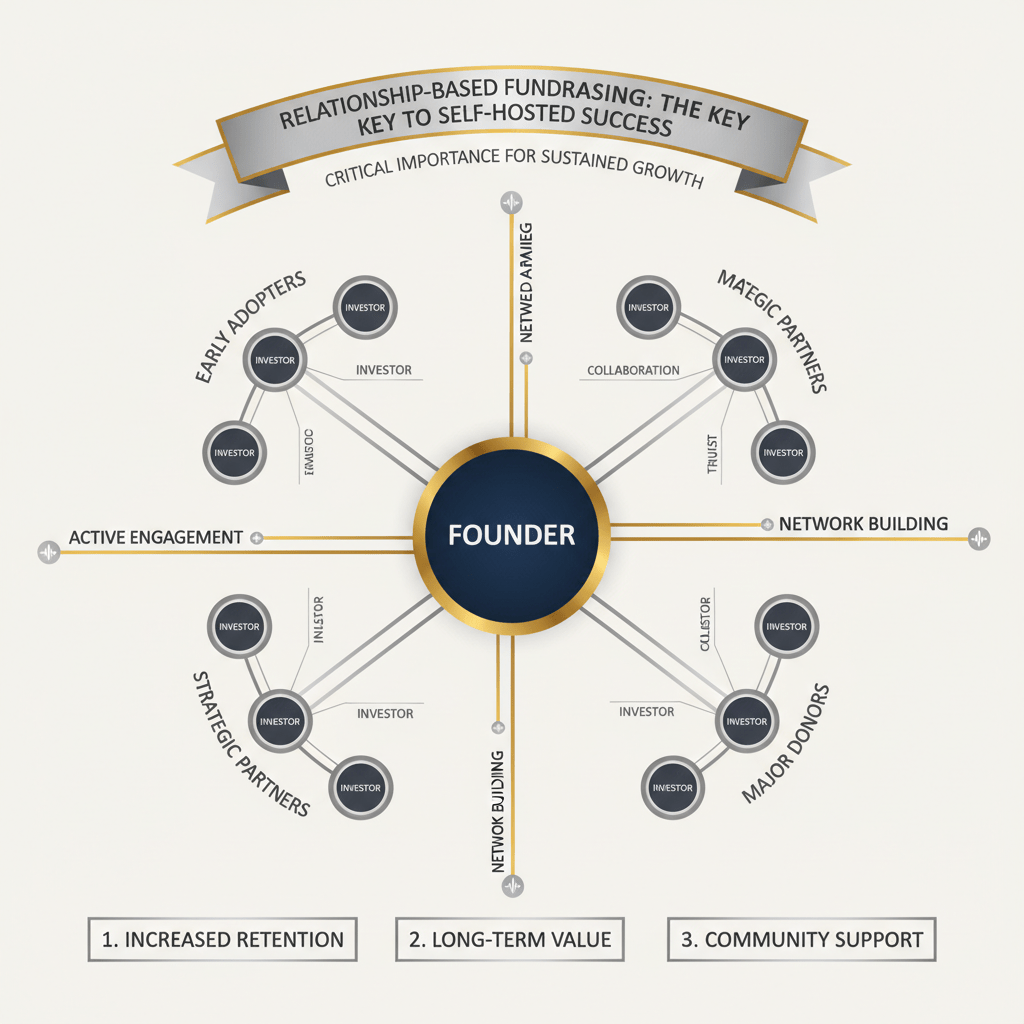 Infographic visualizing the critical role of relationship-based fundraising through an abstract network map of interconnected investor and founder nodes.