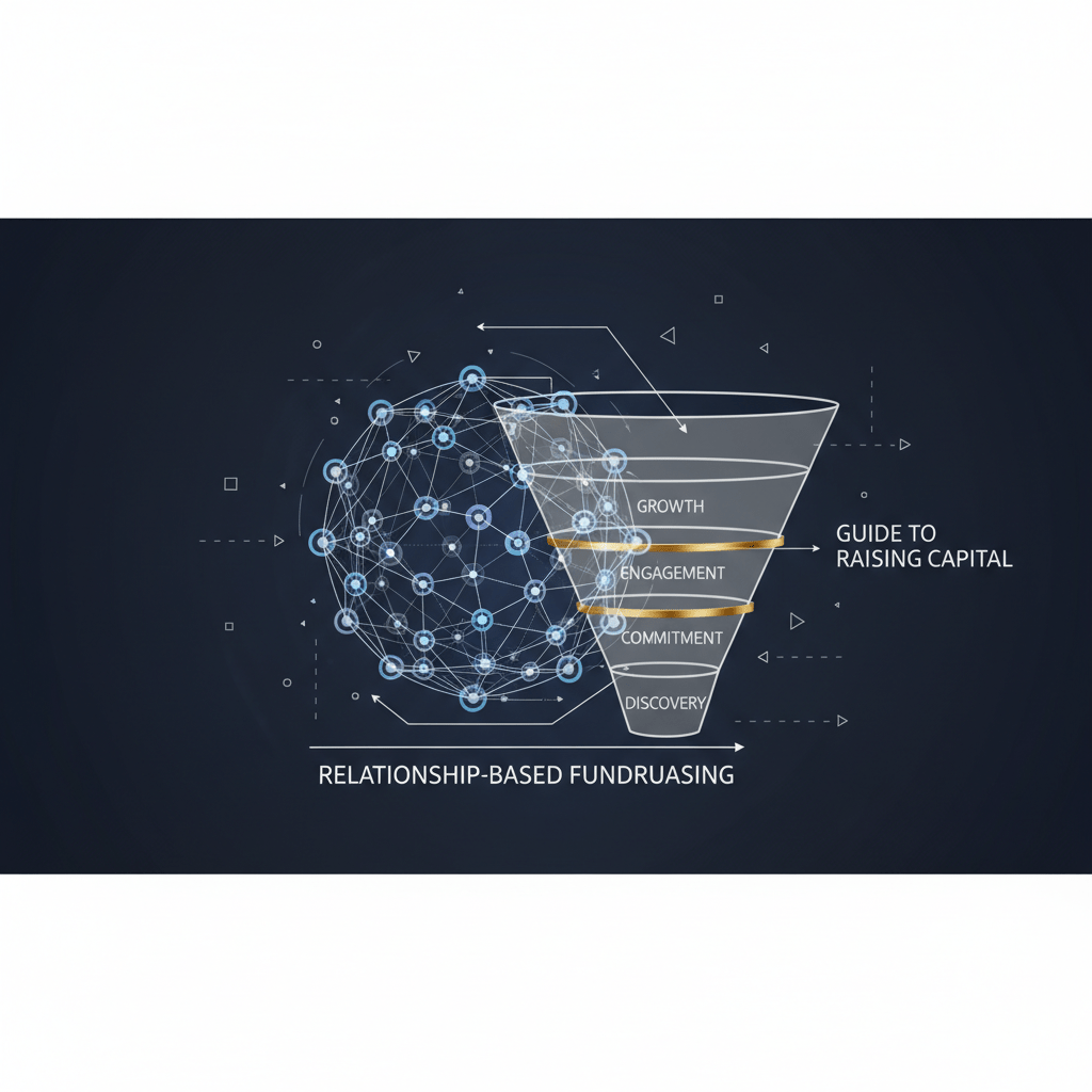 Premium infographic header image with a complex network graph of interconnected nodes and subtle gradient pathways, symbolizing relationship-based investor networks and strategic capital flow. Geometric layered shapes illustrate a structured guide for raising capital, using deep navy, charcoal, white, and metallic silver/gold accents. The design is modern, minimalist, and data-driven.