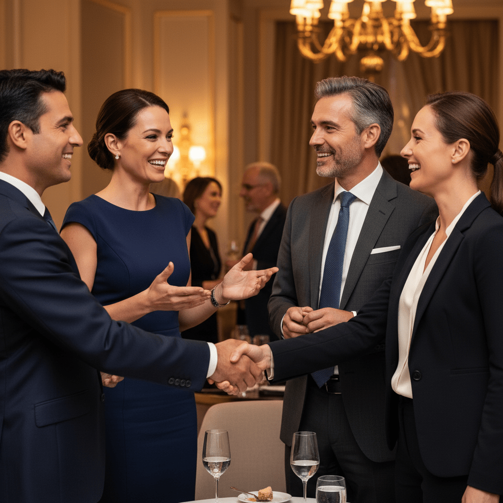Professionals network and shake hands at an elegant business event.