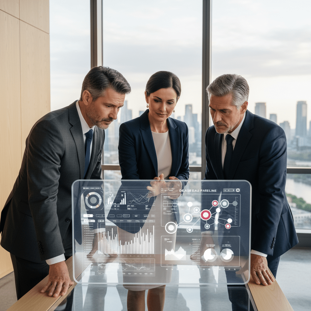 Senior business executives strategizing around a digital display, focused on advanced deal sourcing and execution to close more deals.