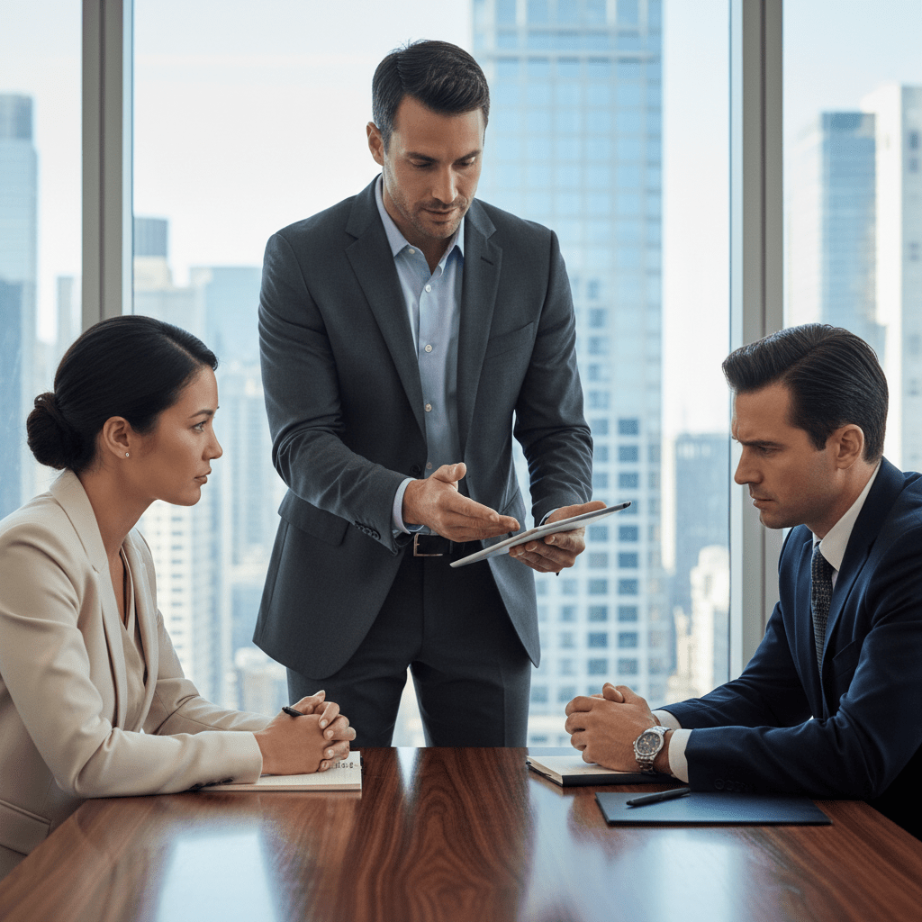 Three business executives in a modern boardroom engaged in a strategic discussion about high-level investment.