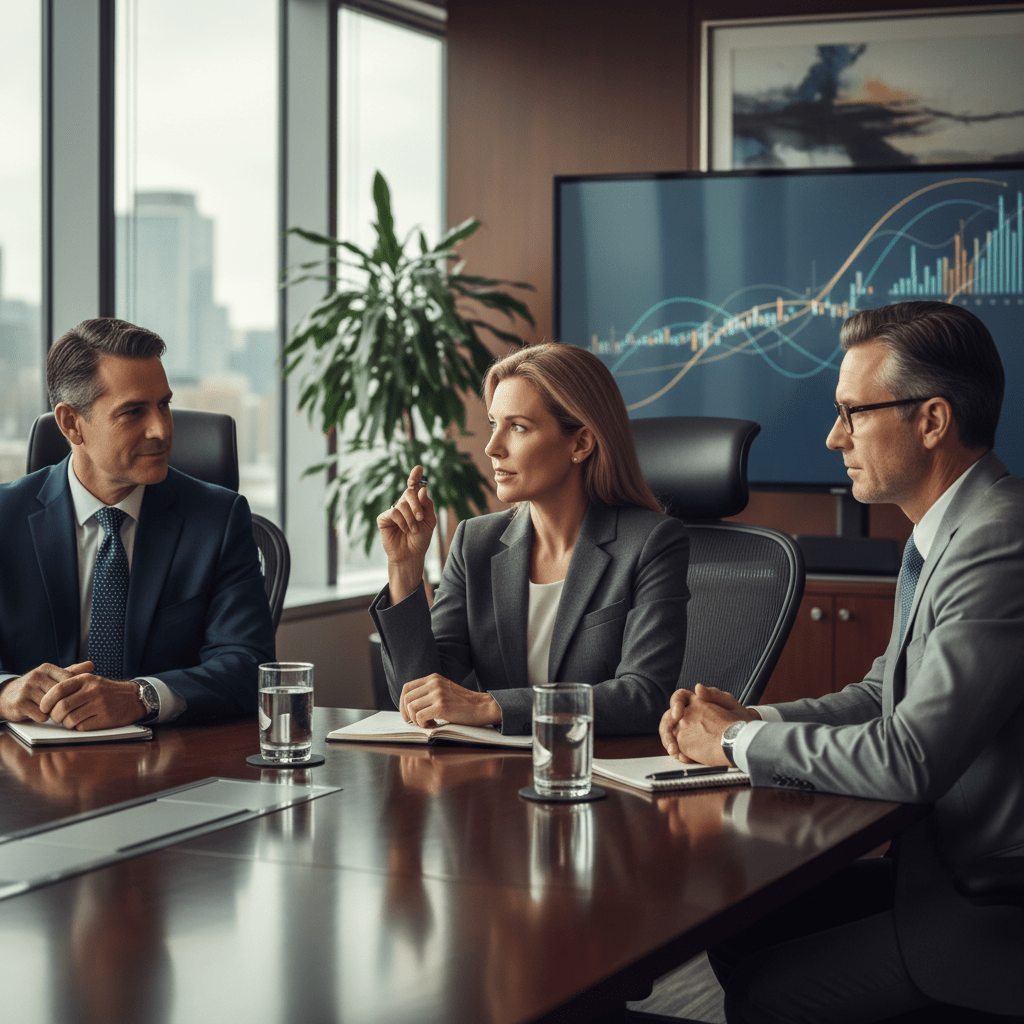 Three business leaders, including a founder, in a sophisticated boardroom engaged in a strategic discussion, embodying fiduciary principles and high-level investment strategy.