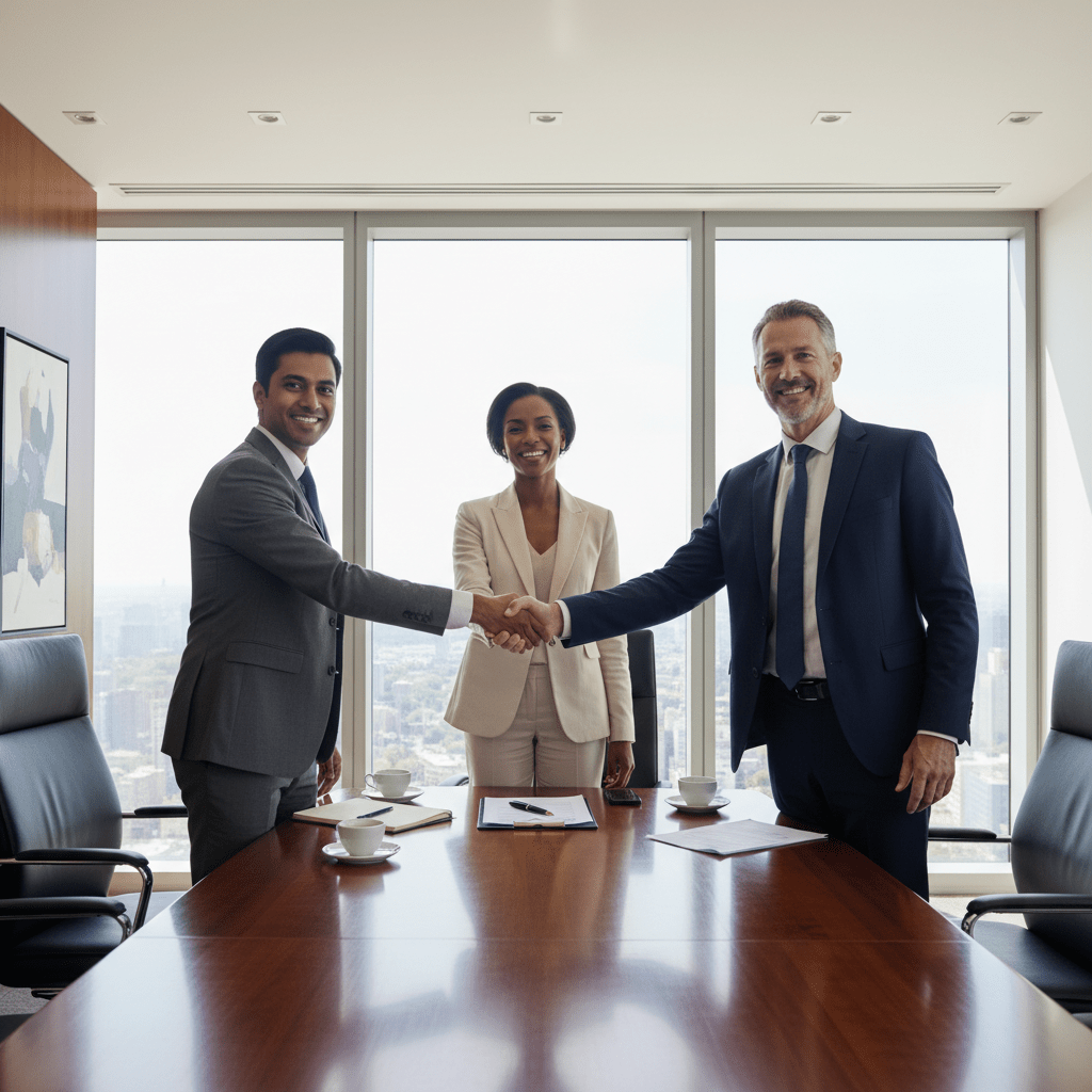 Three business leaders shaking hands and smiling in a bright, modern boardroom after successfully closing a deal.