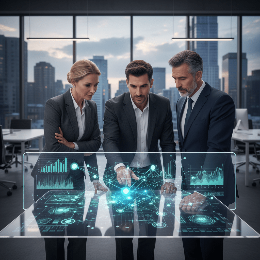 Three business professionals discuss financial data and interconnected deals on a holographic screen in a modern office.