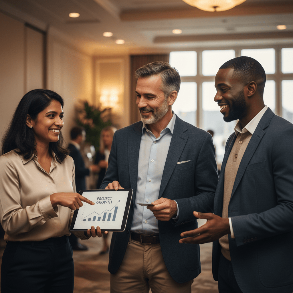 Three business professionals engage in a dynamic conversation at a high-end networking event, signifying active capital raising.