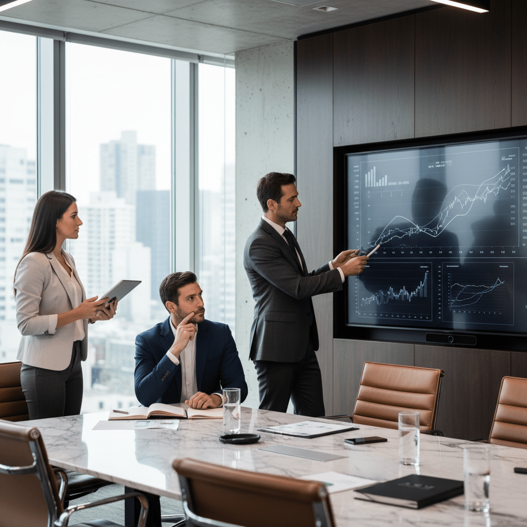 Three business professionals engaged in strategic discussion and financial analysis in a modern boardroom, evaluating investment models.