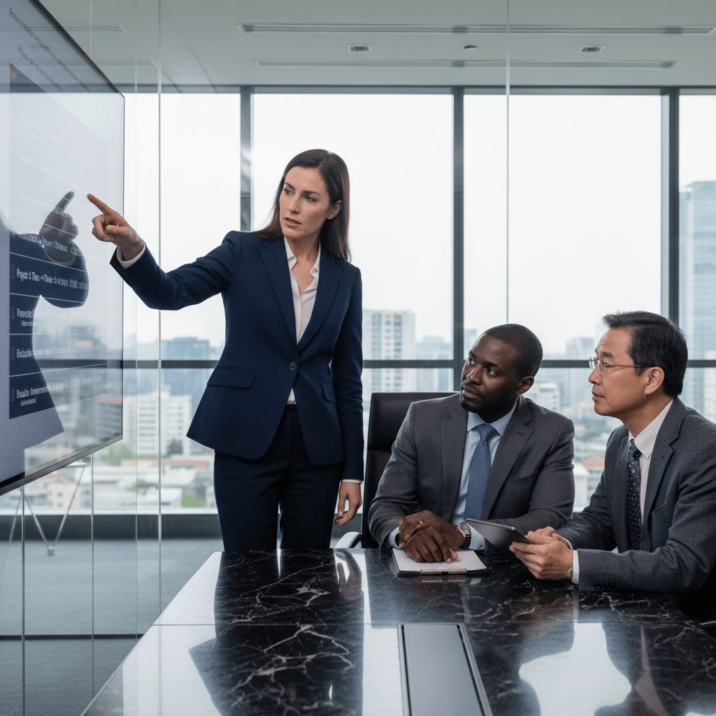Three business professionals intently discussing an exclusive investment opportunity displayed on a digital screen in a modern boardroom.
